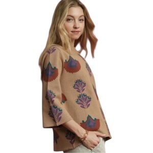 Umgee Tan Mock Turtleneck Sweater with Purple and Teal Floral Design